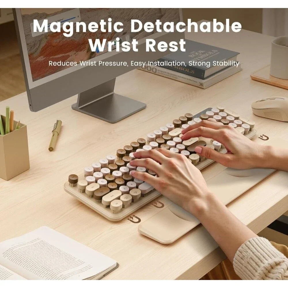 Wireless Keyboard Latte Round Keycaps, Retro Typewriter Detachable Wrist Rest